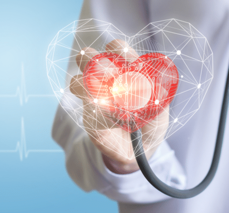 Hand holding a stethoscope with an overlay portraying the head as a glowing heart
